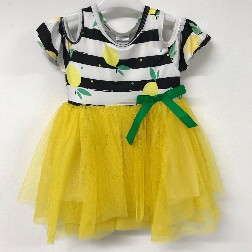 Little Girl Dress Kids Lemon Cold Shoulder Tutu Tulle Girl Dress Summer Party